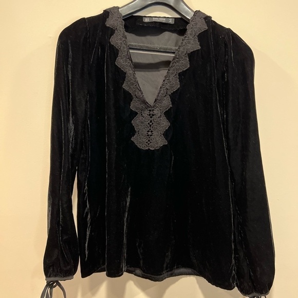 Zara Basics Black Lace V-neck Velvet Velour Size Small Tunic Romantic Goth - Picture 3 of 5